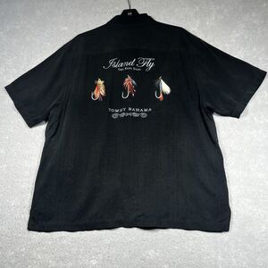 Tommy Bahama Shirt Mens SZ XL Black Button Up Silk Embroidered Fly Fishing Beach